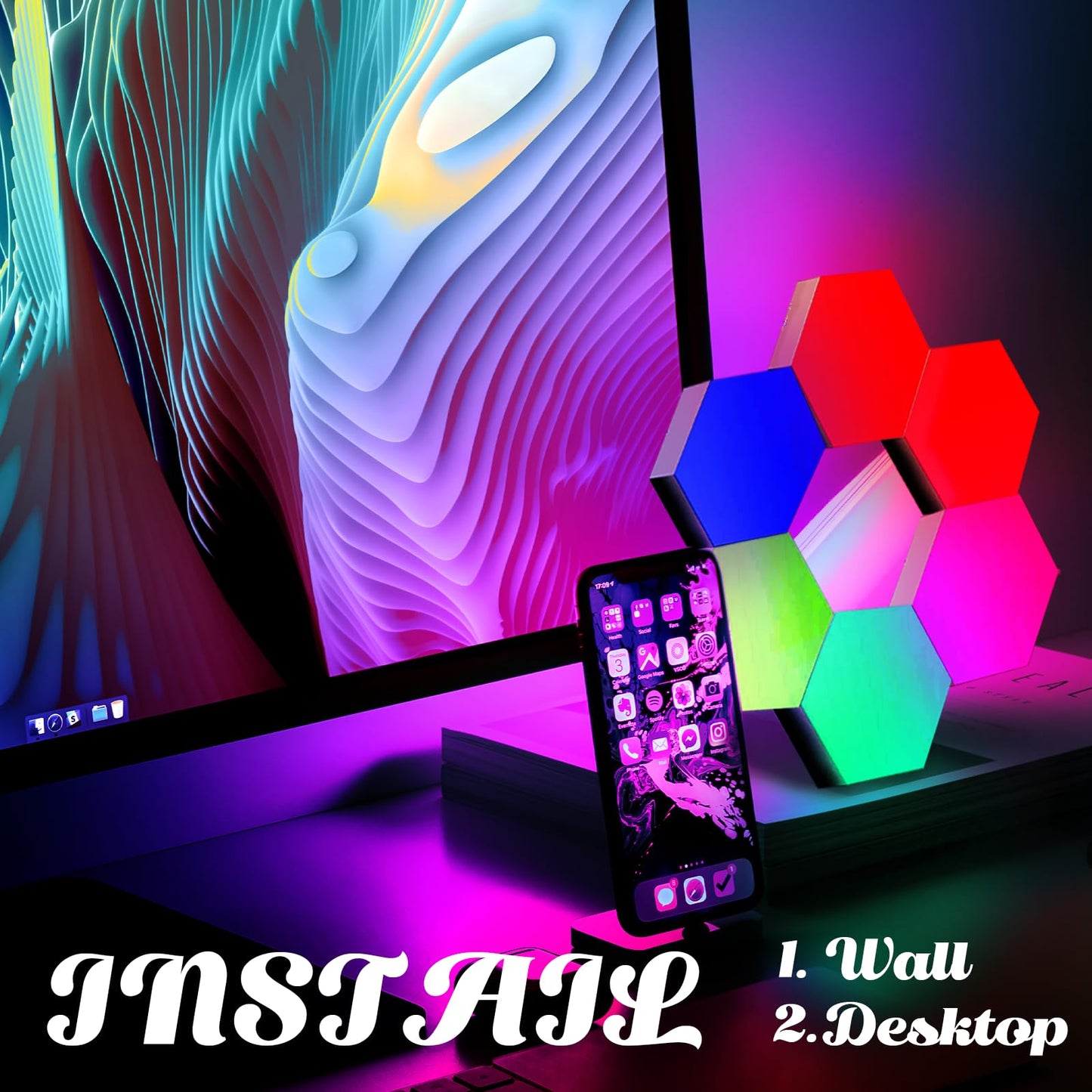 ODISTAR Hexagon Wall Light Panels (8 Pack)- Smart APP RGB Hexagonal LED Modular Lights with Remote Control,Music Sync Features for Gaming Rooms,Living Rooms, Bedrooms, DIY Enthusiasts and Gift Options