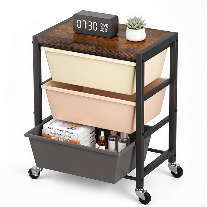 Rolling Cart with 3 Drawers, Plastic Drawer Storage Carts with Lockable Wheels & Wooden Tabletop, Metal Art Craft Utility Cart Organizer for Home Office Bedroom Dorm Bedside Classroom, Dark Brown