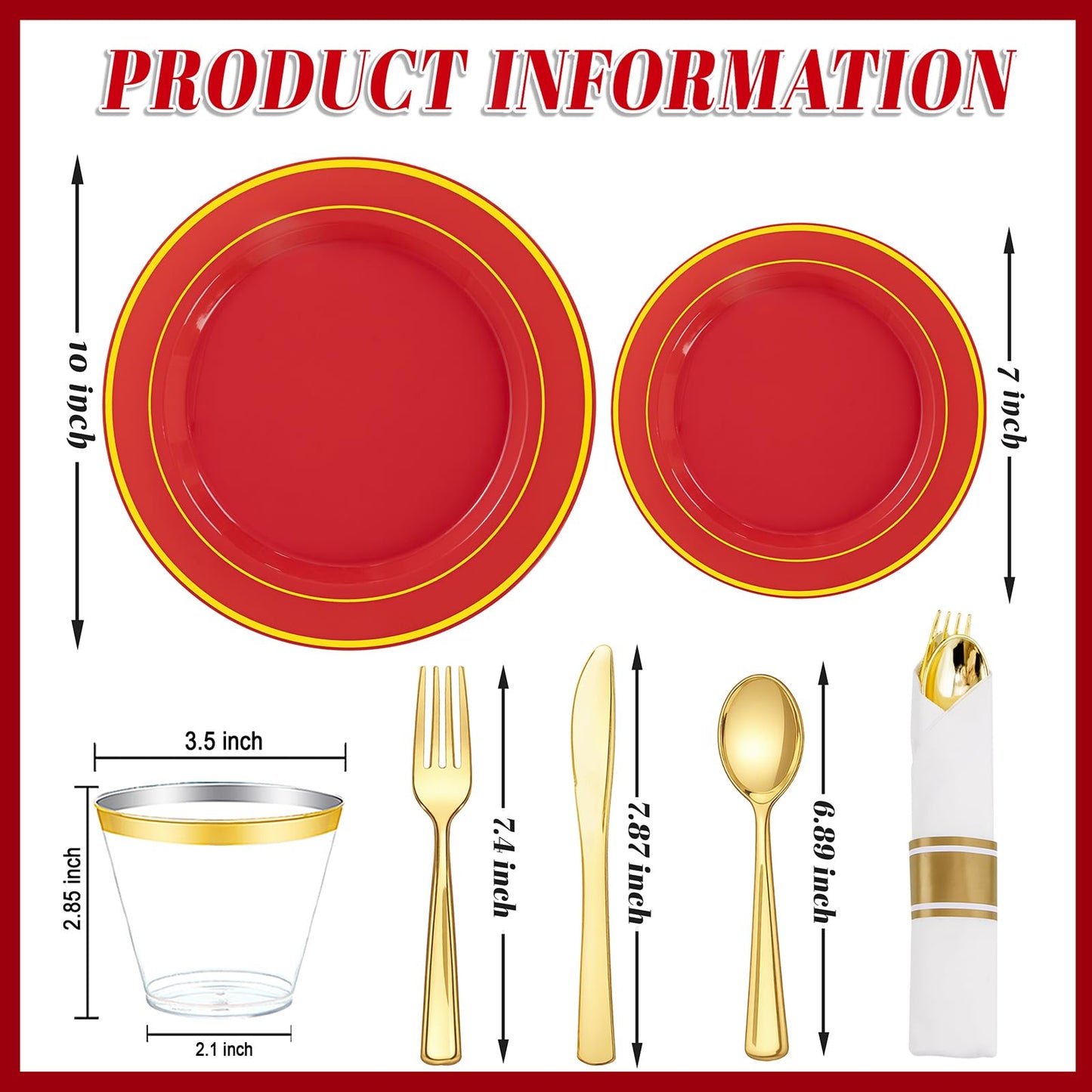 WDF Partyware 350Pieces Red Plastic Plates with Gold Rim Include 50Dinner Plate 10inch 50Dessert Plate 7inch 50 gold Cups 9 OZ, 50 Pre Rolled Napkins for Party/Baby Shower/Wedding/Spring/Mother's Day