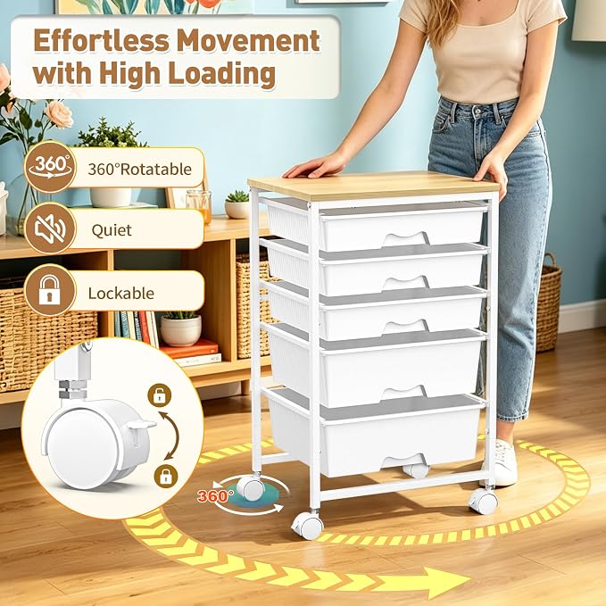 SUNALLY Rolling Carts With 5 Drawers, Storage Drawer Carts with Wooden Tabletop and 2 Lockable Wheels, Rolling Utility Cart for Craft Art Supply Storage & Home Office Organization, White