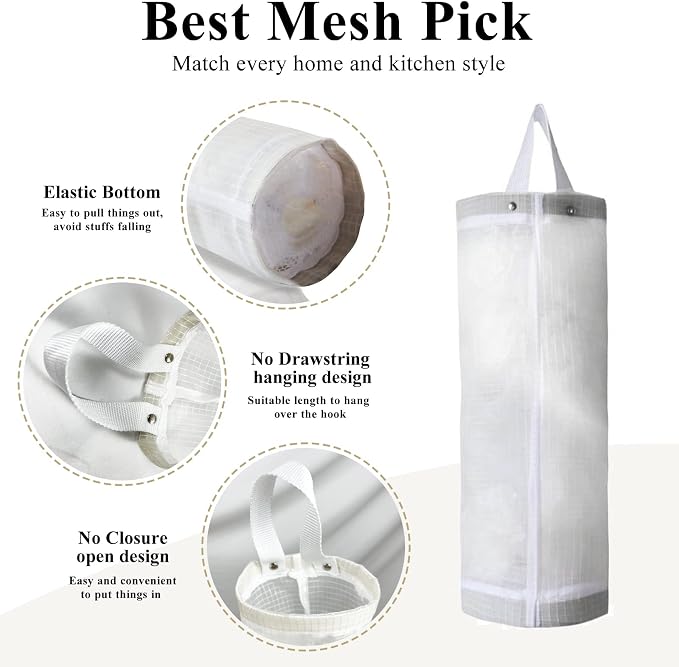 TOGETRUE Plastic Bag Holder, Mesh Grocery Bag Holder Hanging Storage Bag Dispenser (White 2 Packs)