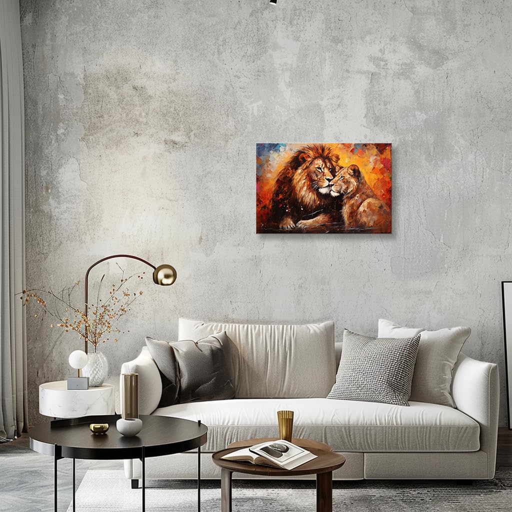 Lnzinro Lion and Lioness Wall Art Framed Pictures Prints Retro Abstract Lion Lioness Wall Art Animal Poster for Room Decor 12x18 inches
