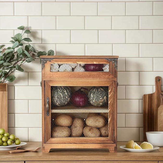 Mini Potato and Onion Storage Bin - Wooden Storage Box for Kitchen Countertops, Vegetable Storage Bins, 12.2" W x 6.5" D x 16" H (Rustic Color)