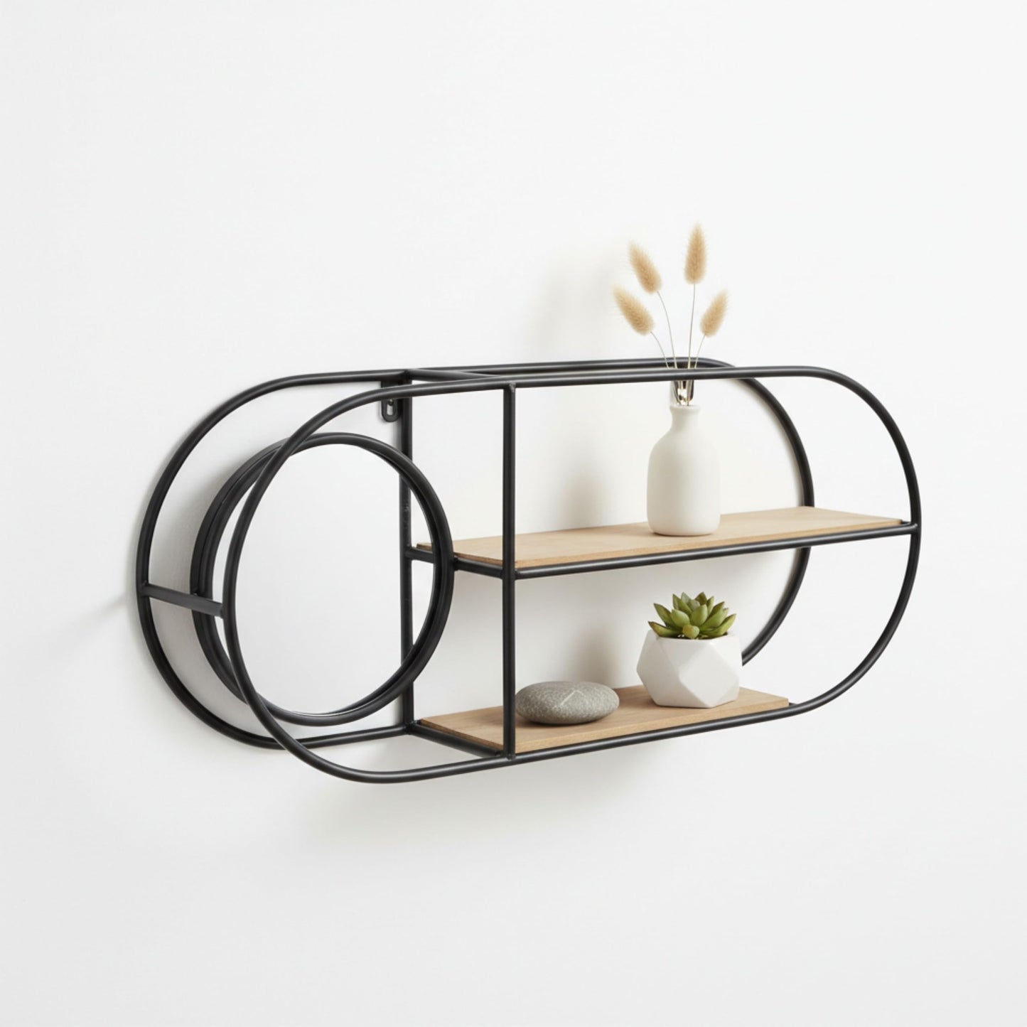Metal And Wood Wall Shelf – Storage Shelf With Mirror And Open Shelves, Entryway Or Bathroom Wall Home Decor, Industrial Wall Organizer For Keys, Mail, And Display – 23" x 5" x 10", Brown Black