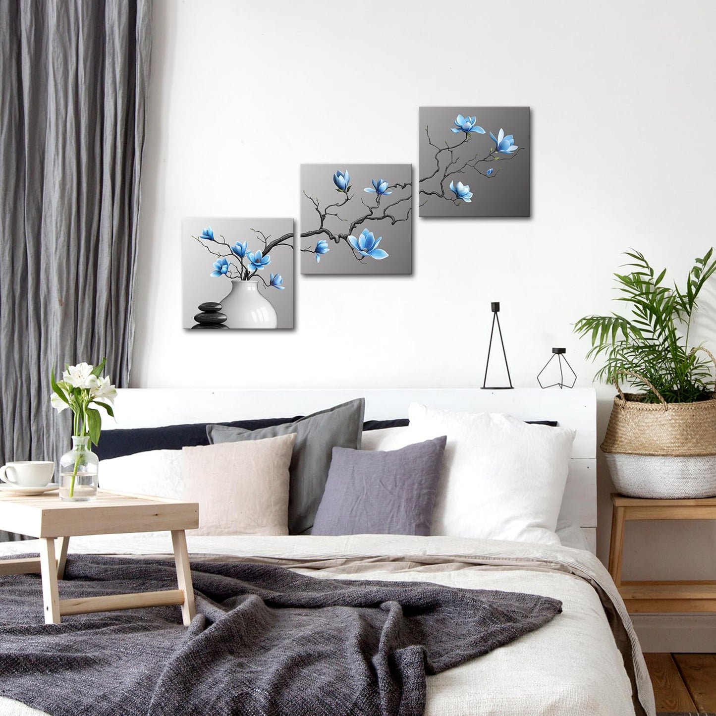 Artsbay Magnolia Wall Art Blue Floral Canvas Prints Zen Stones Picture for Bathroom Bedroom Living Room 12" W x 12" H x 3PCS