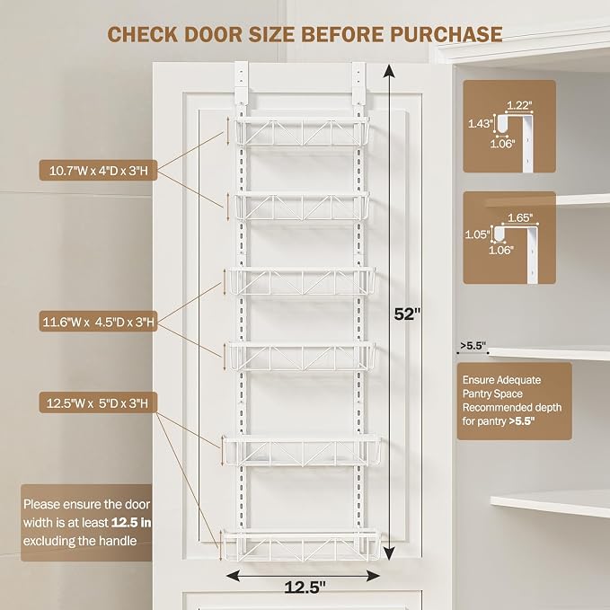 Delamu White Narrow 6-Tier Over the Door Pantry Organizer, Adjustable Metal Hanging Spice Rack, Cabinet Door Organizer for Kitchen, Bathroom, Laundry Room, 12.5
