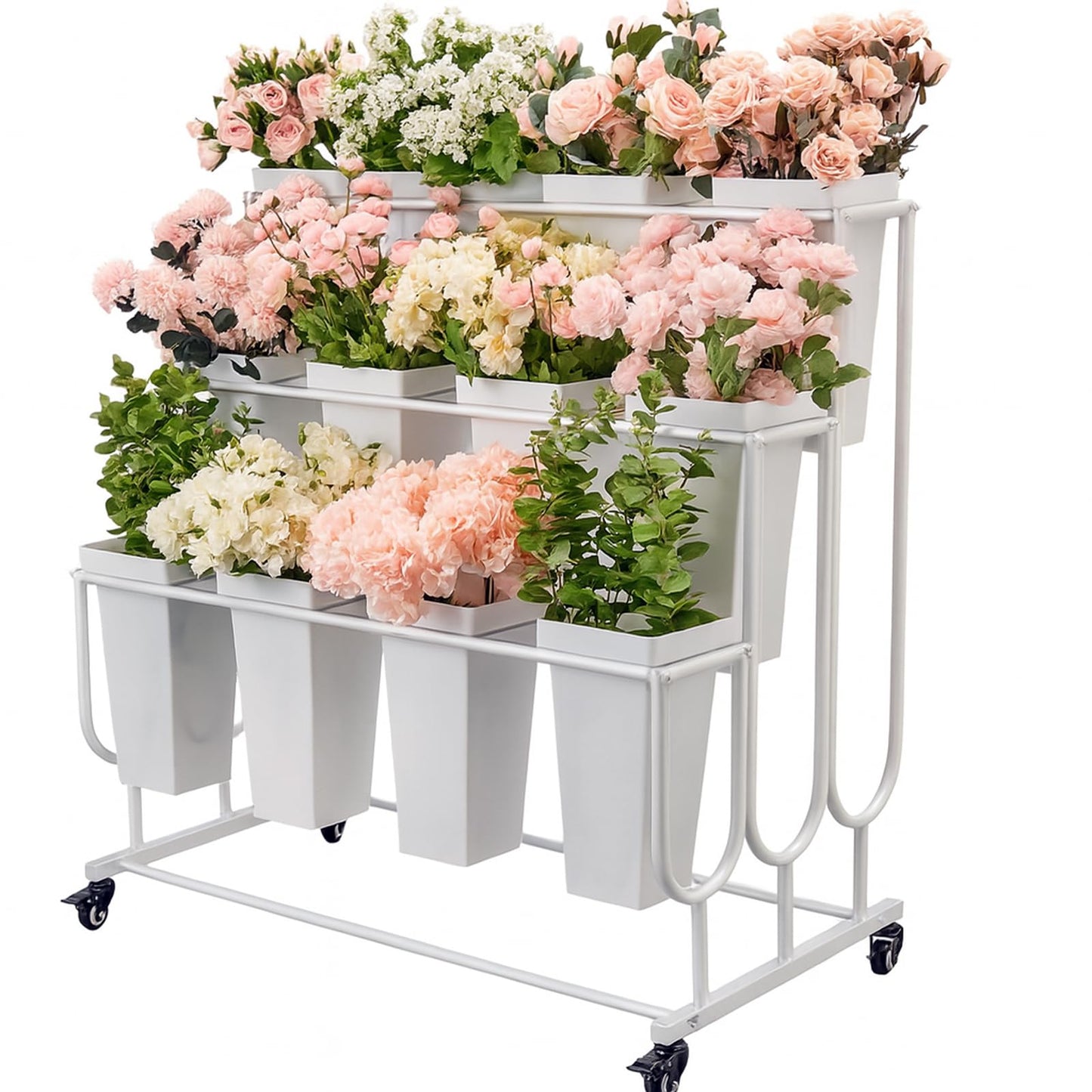 FEFZSFER Flower Display Stand Frame, 3-Tier Flower Cart with Wheels, Metal Floral Display Rack , Moving Florist Bouquet Shelf for Shop ,Flower Bar, Events, without Buckets(White, 3 Tier)