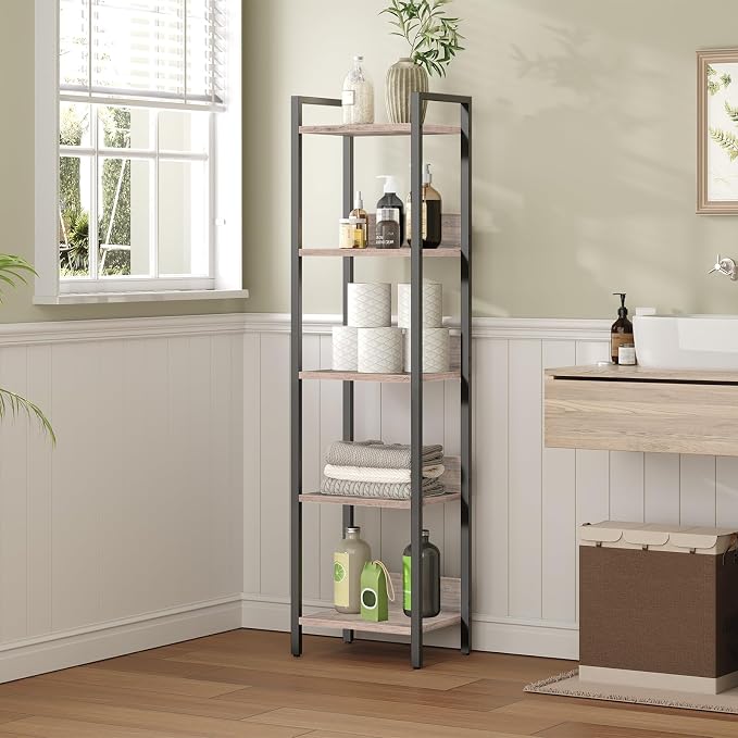 MAHANCRIS 5-Tier Bookshelf, Bookcase, Shelves Organizer for Small Spaces, Storage Shelf Organizer, for Living Room, Bedroom, Study, Balcony, Greige and Black BKHG5501