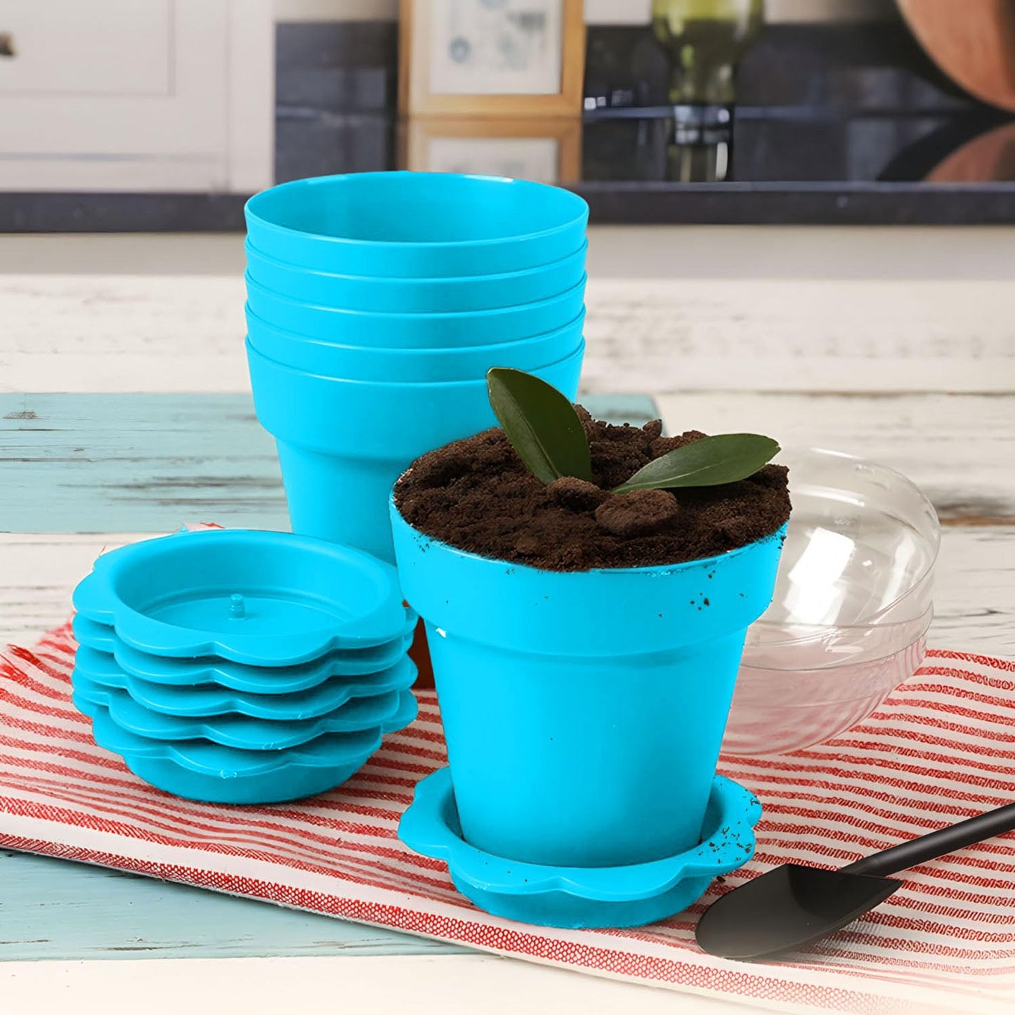 20 Pcs Nursery Pots with Humidity Dome, Cupcake Plant Nursery Pots with Bring A Plate and Shovel, Planting Cups for Seeds for Indoor Gardening and Plant Propagation(Blue)