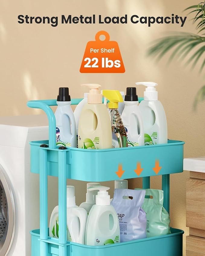 Pipishell 3 Tier Mesh Utility Cart, Rolling Metal Organization Cart with Handle and Lockable Wheels, Multifunctional Storage Shelves for Kitchen Living Room Office Turquoise