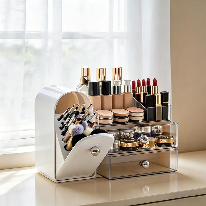 Makeup Organizer with Makeup Brush Holder, Cosmetic Organizer with 2 Drawer for Lipsticks, Perfumes, Eyeshadow Palettes and Nail Polishes (White)