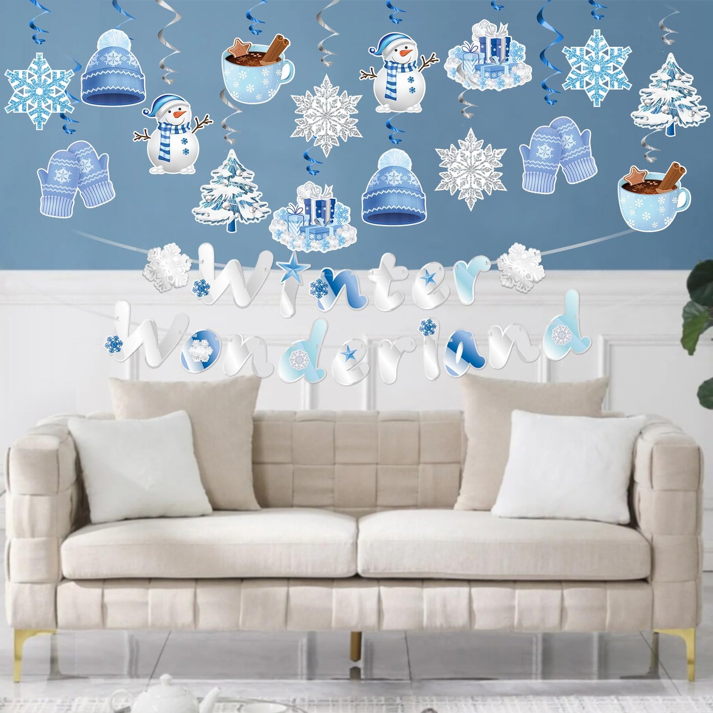 WEEPA 18 Pcs Winter Wonderland Decorations Snowman Snowflake Hanging Swirls Winter Party Banner Set Blue Silver Christmas Decorations