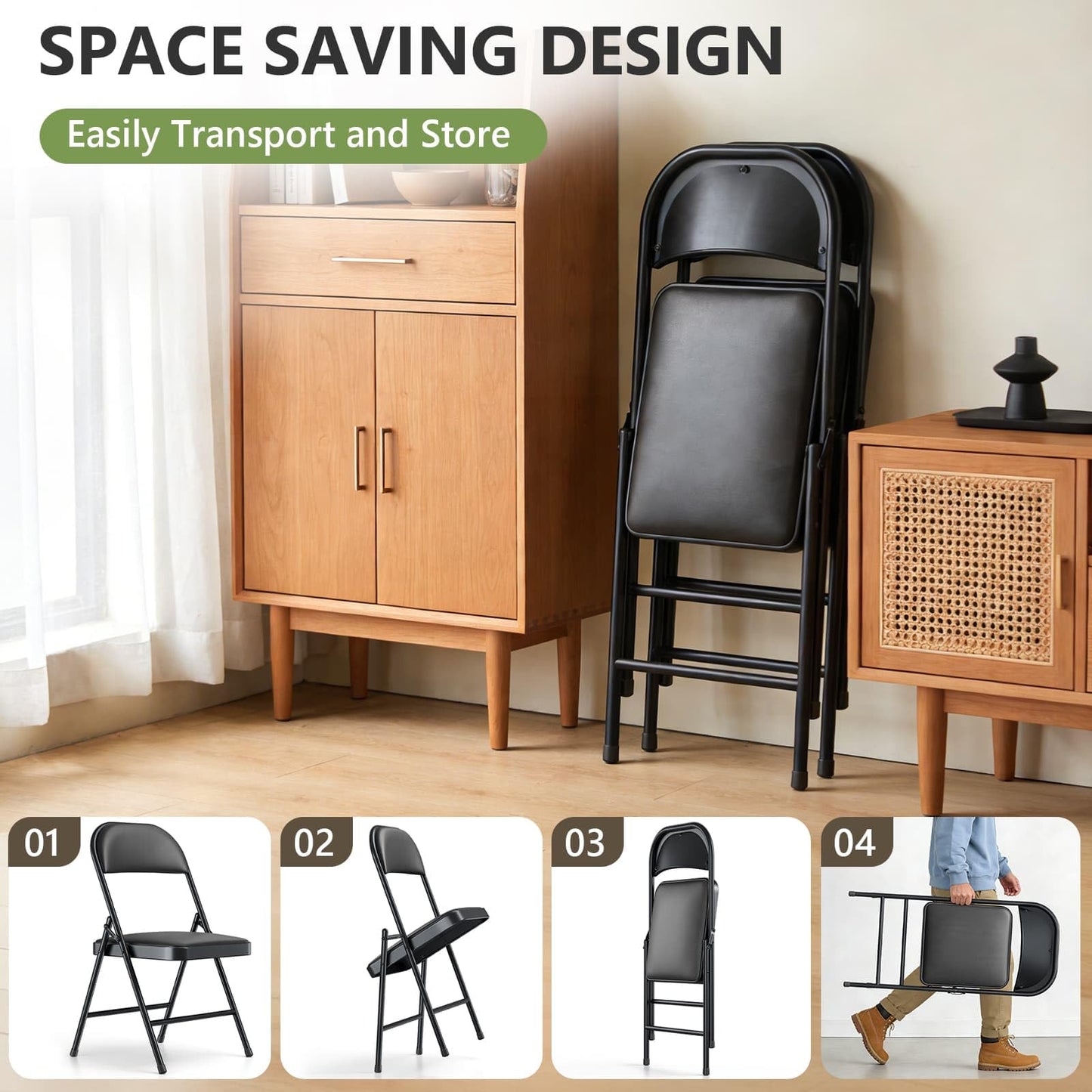 MAKE CHANGES Folding Dining Chairs Set of 10 - Modern PU Leather Folding Chairs with Cushion Seat & Back Metal Legs Kitchen Chairs Folding Chair Set for Kitchen/Living Room/Bedroom/Parties (Black)