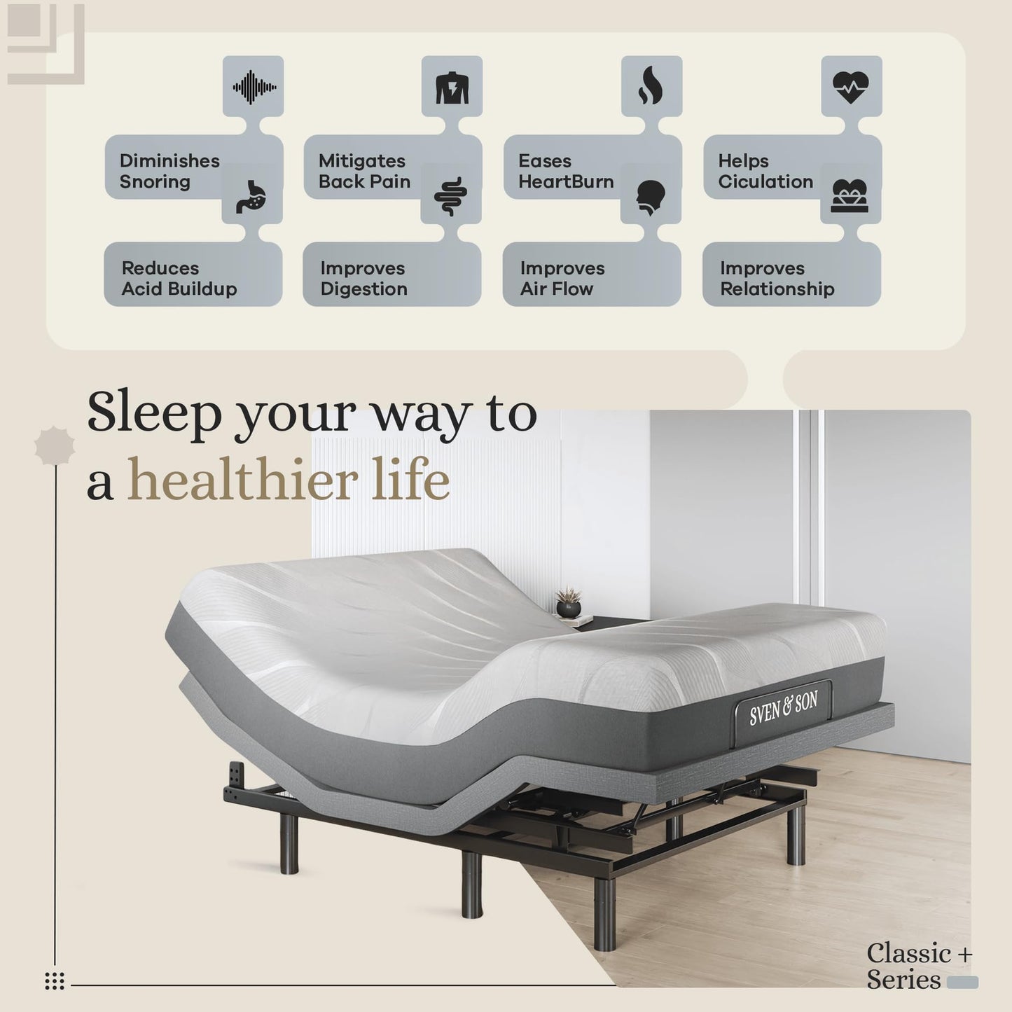 Sven & Son Harmony Adjustable Bed Base, Head and Foot Lift, Massage, Under-Bed Lights, USB, Gel Memory, Zero Gravity Smart Frame - Queen + 10 inch Memory Foam Matt (Firm)