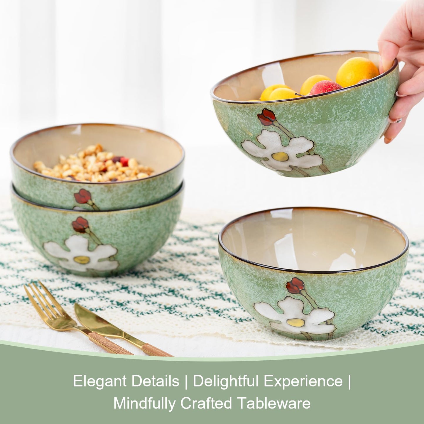 WHITEPEONY 28oz Ceramic Bowls Set of 4 for Kitchen, 6 Inch Hand-painted Floral Serving Bowls, Dishwasher Microwave Oven Safe, for Salad, Pasta, Ramen, Rice & Dessert, Breakfast Lunch Dinner, Green