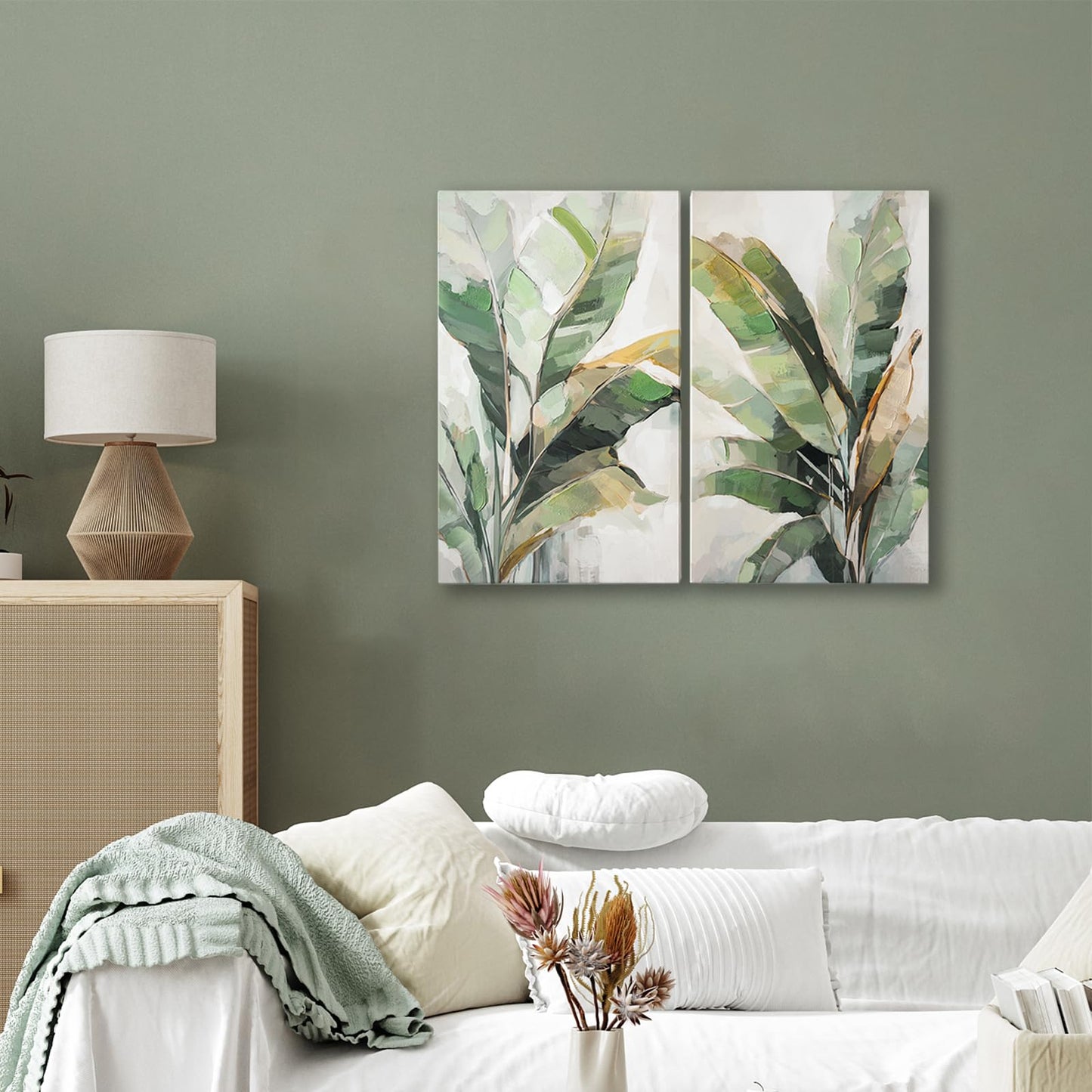 Botanical Wall Art Set Hand Painted, for Living Room plant wall art,Green Tropical Plant Leaf Wall Decor, Modern Banana Leaf Wall Painting, for Bedroom, Dining Room, Office - 12x20 Inch 2pack