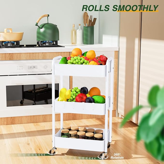 LEHOM 3 Tier Rolling Cart, Metal Rolling Utility Cart with Lockable Wheels & Hooks, Multi-Functional Heavy Duty Storage Cart Organizer for Bathroom, Kitchen, Office, Living Room