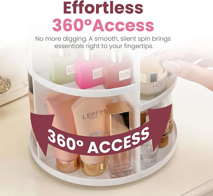 Masirs 360 Rotating Makeup Organizer for Vanity, Adjustable Shelf Height, Large Capacity Cosmetic and Skincare Storage, Lazy Susan Perfume Organizer for Dresser, Bathroom Countertop, White