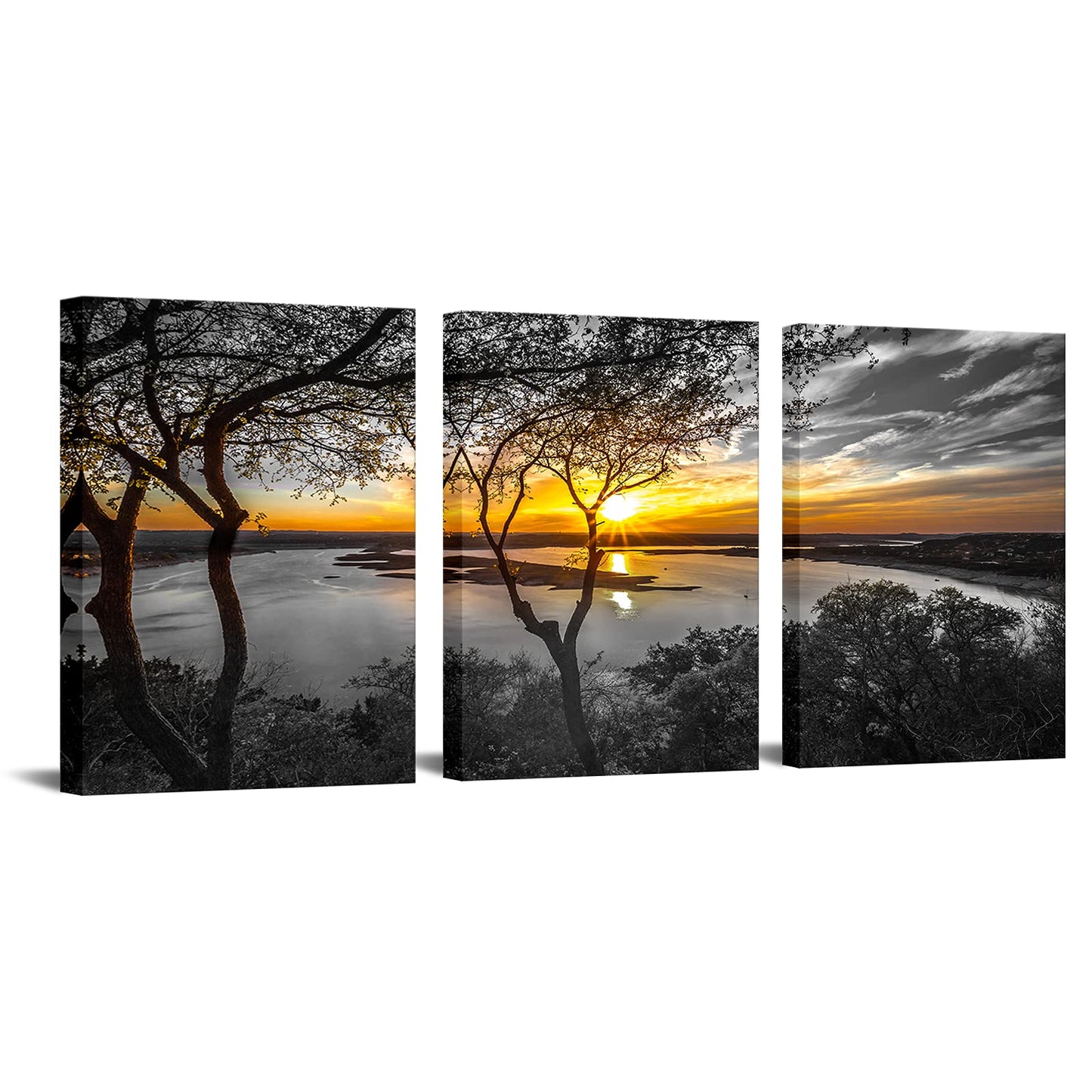 Nachic Wall 3 Piece Black and White Wall Art Golden Sunrise on Lake Picture Painting Print on Canvas Nature Landscape Poster for Living Room Bedroom Decor Framed Ready to Hang