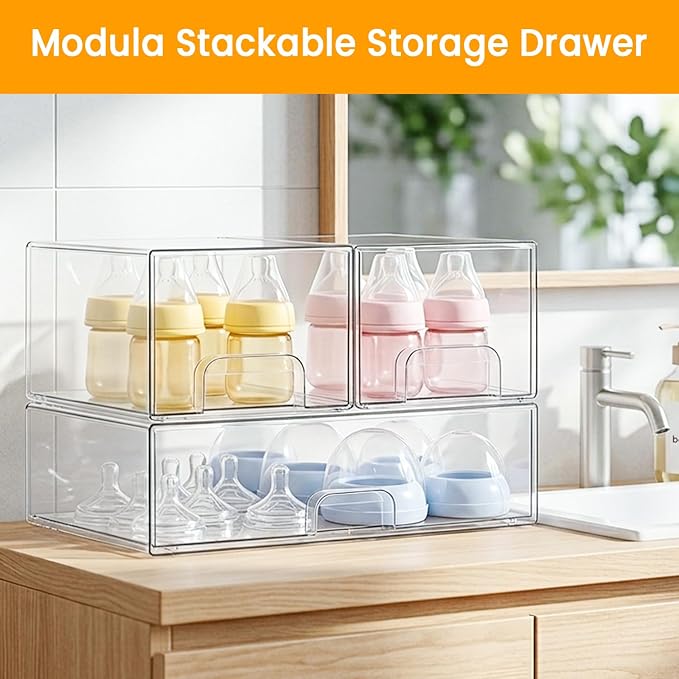 Bottle Storage Organizer Baby, Clear Stackable Storage Drawers Set for Baby Bottle, Beauty Supplies Storage, Ideal for Countertop, Vanity, Bathroom, Cabinet, Pantry Organization (7.8"H, 3 Pack)