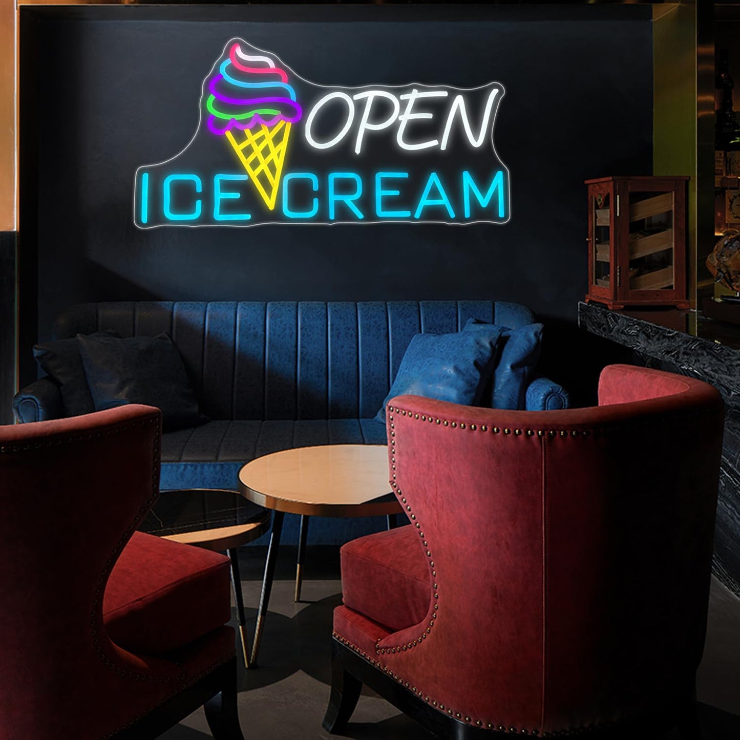 Ice Cream Sign 22.4x11'' Ice Cream Open Shop Neon Signs USB Powered Bar Sign Light Open for Snacks Business Store Cafe Drink Shop Decor Adjust Brightness