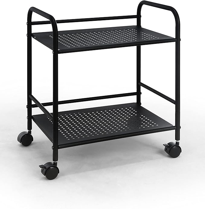 SunnyPoint 2-Tier Metal Rolling Utility Cart – Mobile Storage Shelf with Caster Wheels – Small Space Organizer for Home, Office, Bedroom, Kitchen (BLK) (Pack of 2)
