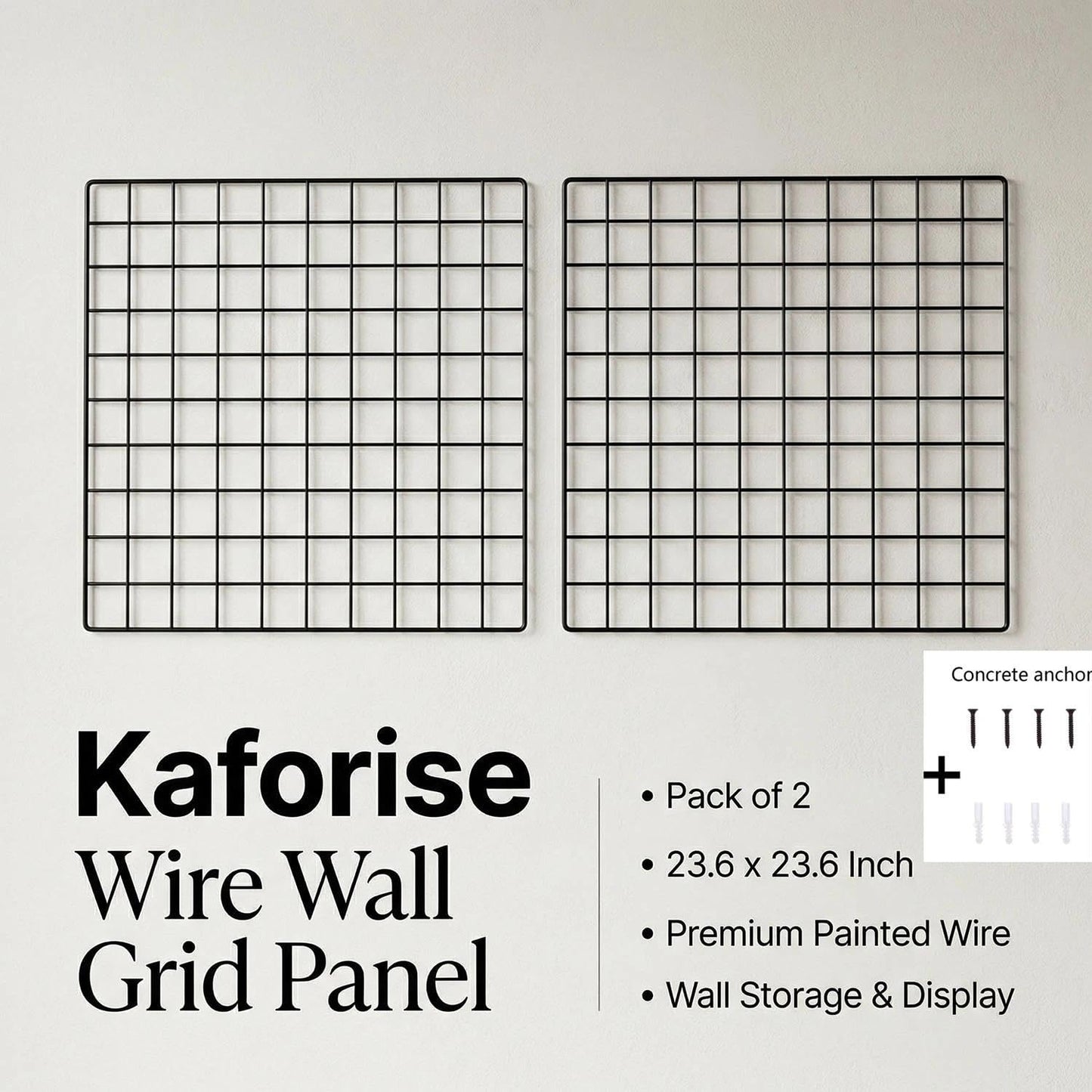 Kaforise Painted Wire Wall Grid Panel, Multifunction Photo Hanging Display and Wall Storage Organizer, Pack of 2, Size:23.6"x 23.6", Square Black