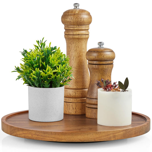10" Acacia Wood Lazy Susan Turntable Organizer for Cabinet, Round Serving Tray Decorative Tray Vintage Centerpiece Candle Holder Tray, Farmhouse Tray for Kitchen Countertop Coffee Table Decor