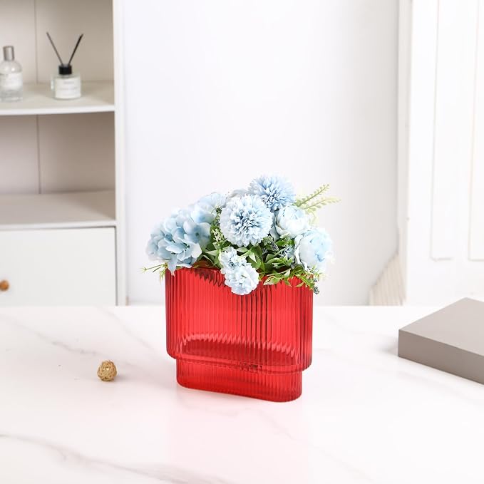 Ribbed Vase, Red Glass Vase for Flowers, Red Flower Vases for Tulips, Modern Vases for Living Room, Dining Table, Office, Bedroom, Mantle, Shelf, Wedding, 7 Inch