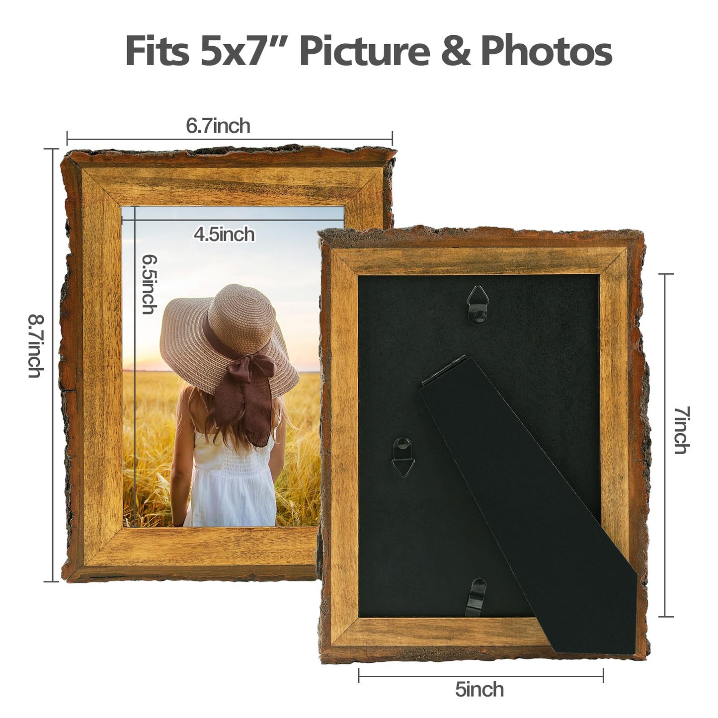 Golden State Art, 5x7 Picture Frame Rustic Brown, Solid Wood Picture Frame with Bark Edges & Real Glass Cover, Display Posters/Photos/Prints 5x7 for Wall Mounting, Farmhouse Decor