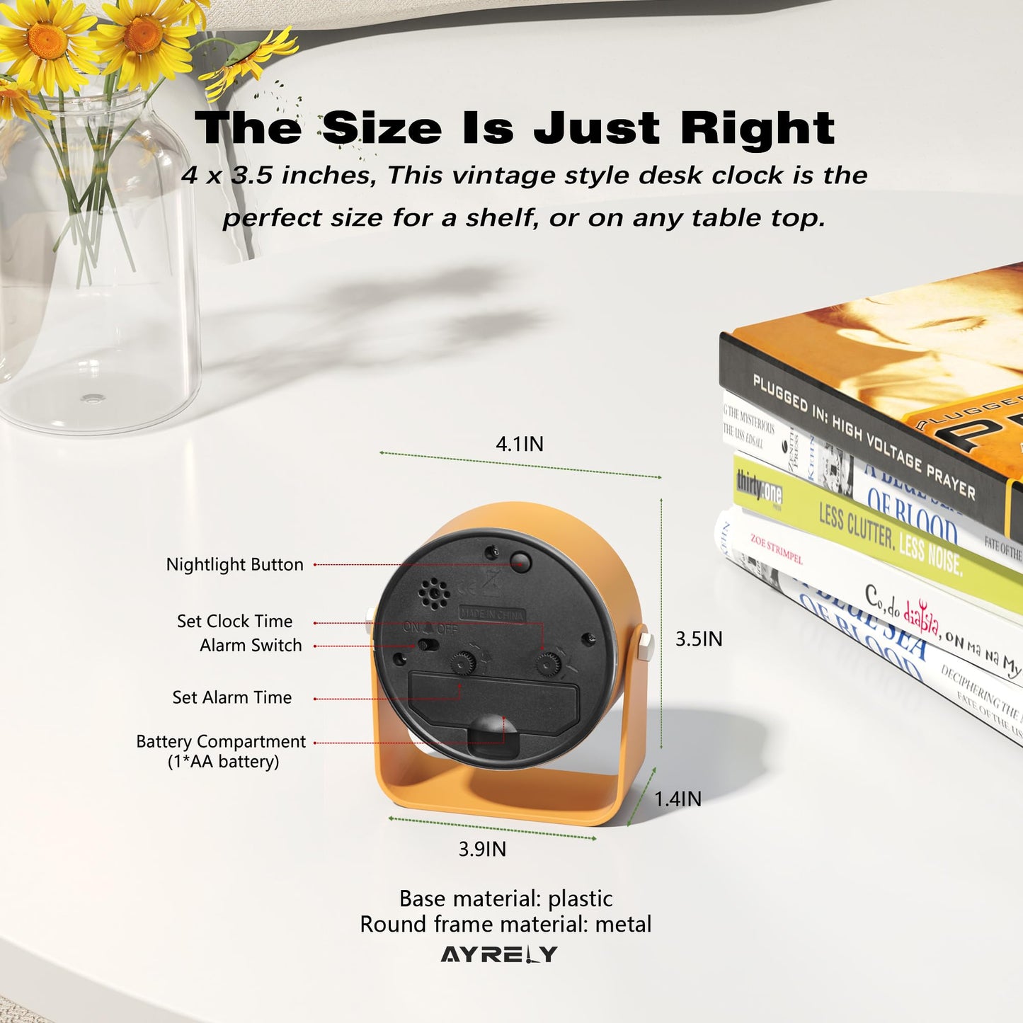 AYRELY® 3.5 Inch Small Analog Alarm Clocks,Battery Operated Desk Clock,Cute Table Clock with Light，Adjustable Angle for Travel,Bedside,Bedroom,Kids,Living Room Decor(Orange)