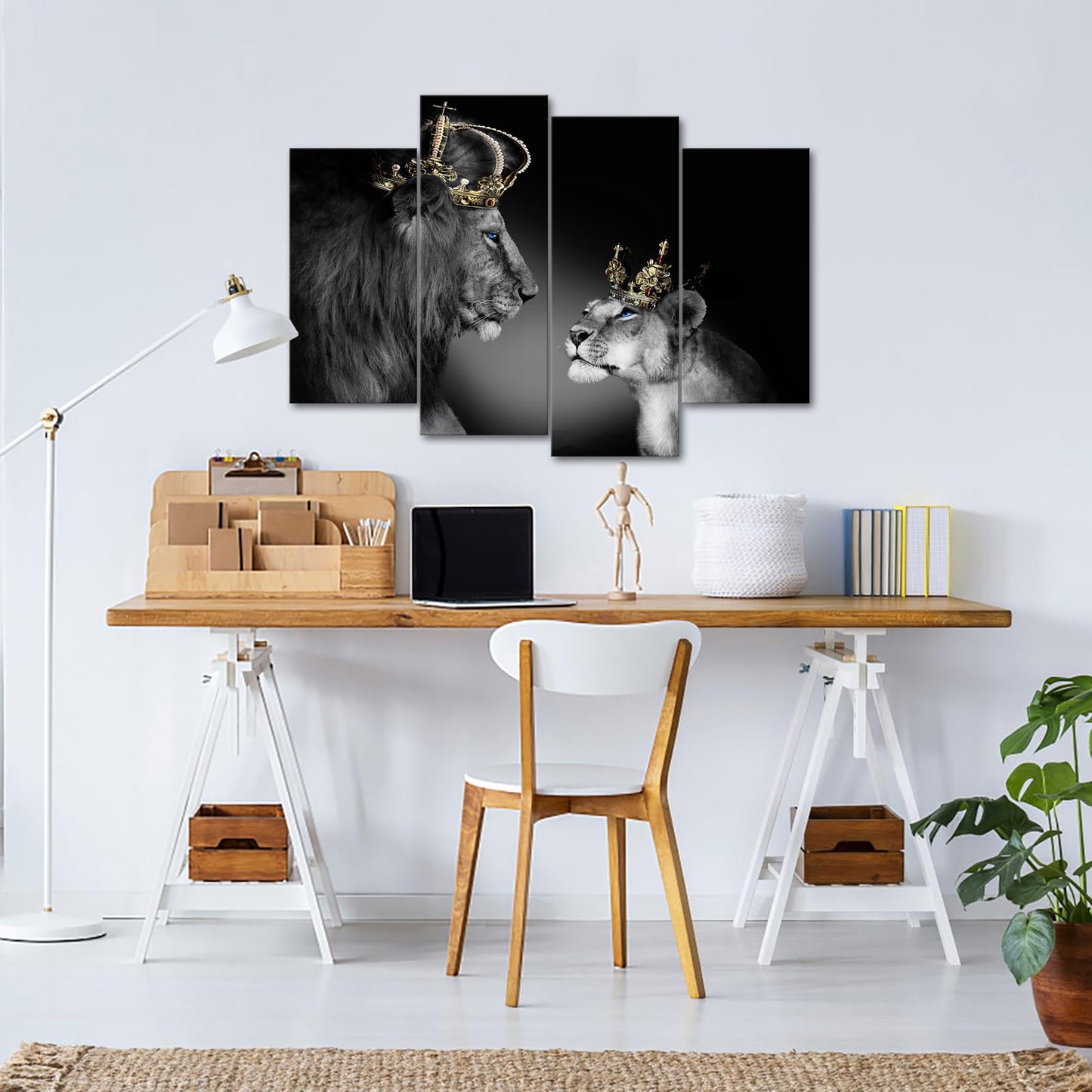 Large 4 Panel Wall Decor The Lion King and Queen with Crown Wall Art African Wild Animals Canvas Prints Pictures Black and White Modern Giclee Framed Artwork for Master Room Ready to Hang 48x33inch