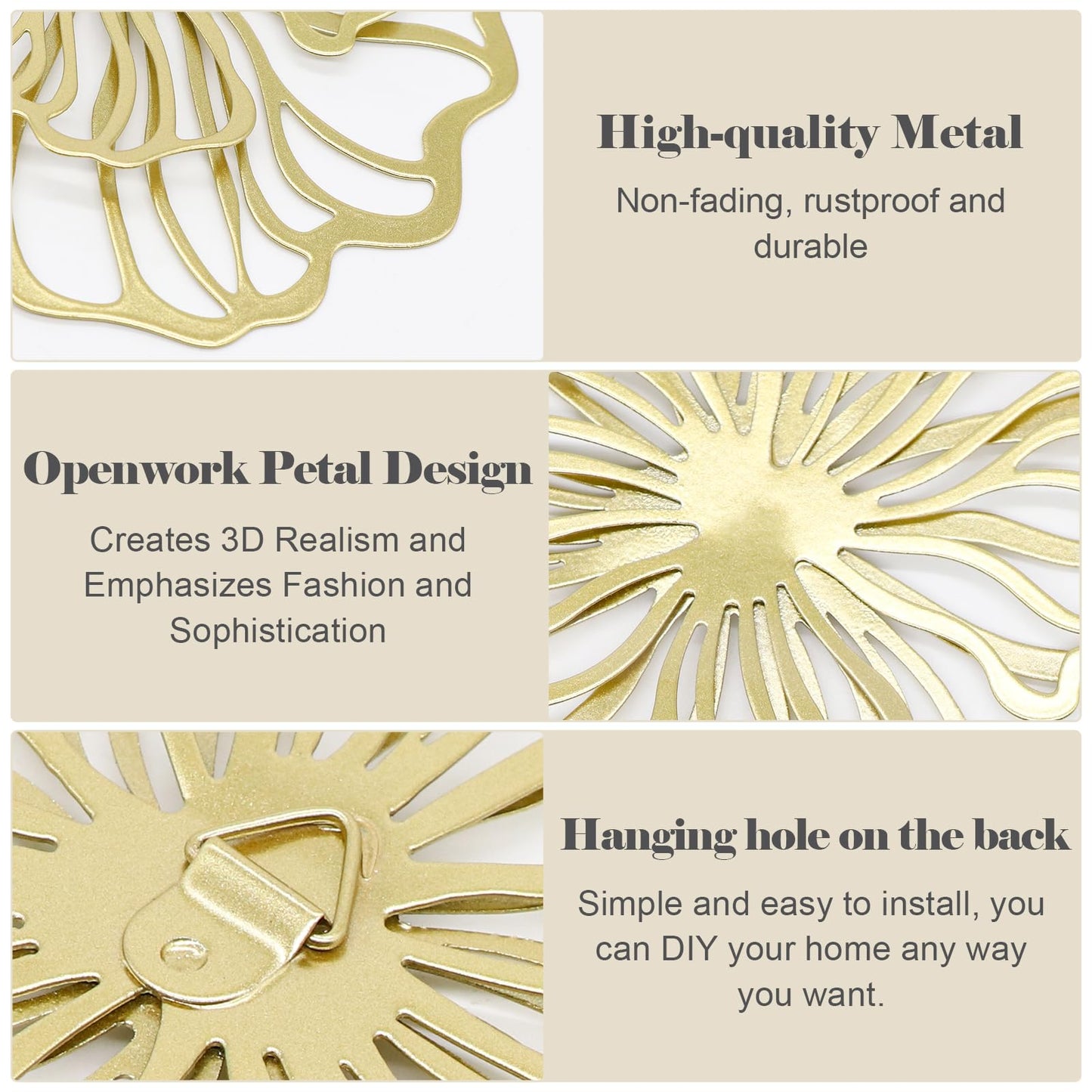 7 Piece Metal Wall Decor for Living Room, Boho Double Layered Iron Flower Wall Hanging Art, Aesthetic Indoor Metal Wall Sculpture Decor for Bedroom Kitchen Bathroom Farmhouse Home Office, Gold-Black