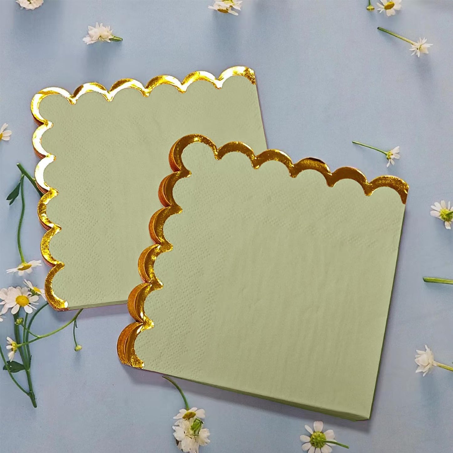 100 pack Green Cocktail Napkins with Gold Foil Accents Scalloped Edges 5 x 5 inch Beverage Disposable Napkin Party Decoration Wedding Bridal and Baby Shower Dinner Lunch Supplies