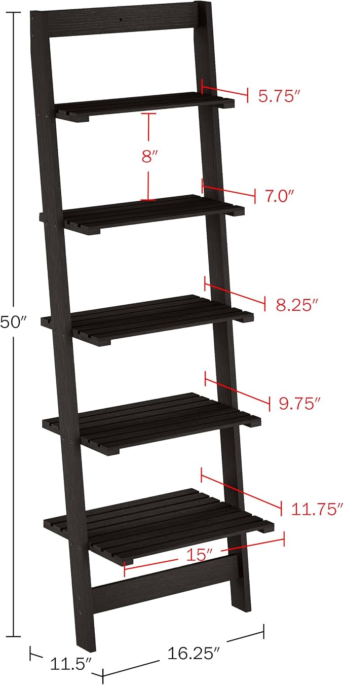 Lavish Home 5-Tier Ladder Shelf – 50" Narrow Leaning Wood Bookcase for Small Spaces, Decorative Storage in Living Room, Office, or Bathroom – Black Modern Display Shelf