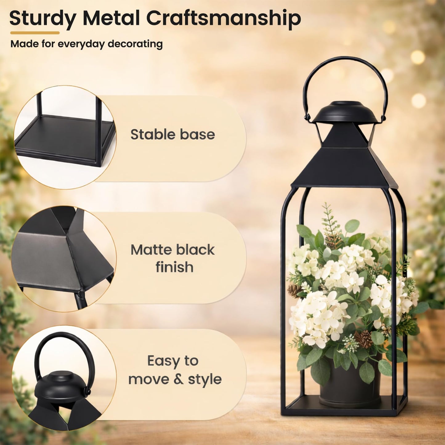 Decorative Metal Lanterns Indoor Outdoor, Set of 3 Farmhouse Lantern Holders Without Candles for Porch, Patio, Fireplace, Floor, Wedding & Holiday Table Centerpiece (Black, 20" 15.7" 12")