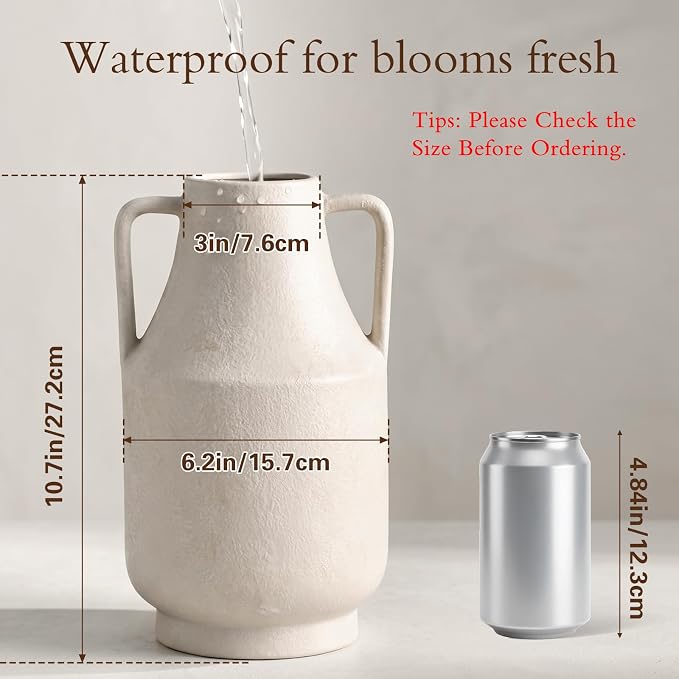 Ceramic Flower Vase, 10.7in Farmhouse Table Rustic Vases, Small Flower Terracotta Vases for Home Decor, Living Room,Table, Handcrafted (Antique)
