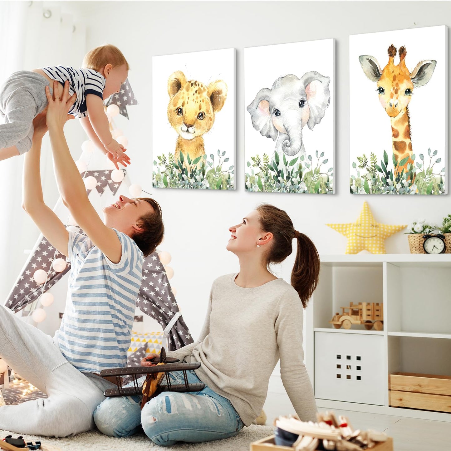 Baby Safari Nursery Wall Decor - Set of 3 Pictures Cute Animal Wall Prints on Canvas Jungle Nursery Safari Decor Gifts for Baby Boys and Girls Room, Framed Wall Art 12 x 16 Inch