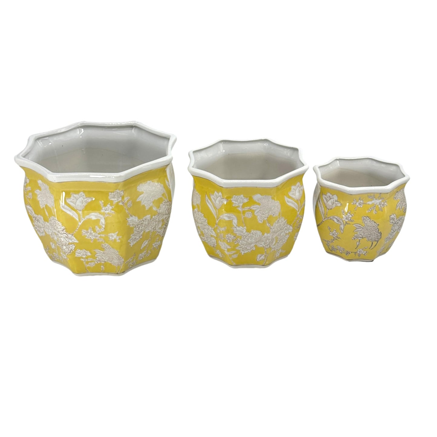 Galt International Yellow & White Round Fluted Floral Porcelain Ceramic Plant Flower Planter Pot Set of 3 (7.5", 10", 13") Garden Pots Chinese Asian Design