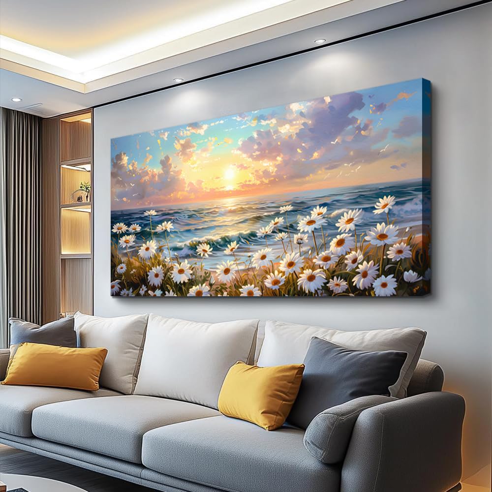 PHAOHUAXM Large Wall Decor Canvas Painting Wall Art For Living Room Decor A Landscape Of A Sea Of White Flowers Painting Bedroom Print Artwork Picture For Dining Room Home Decor Aesthetics 24x48 In