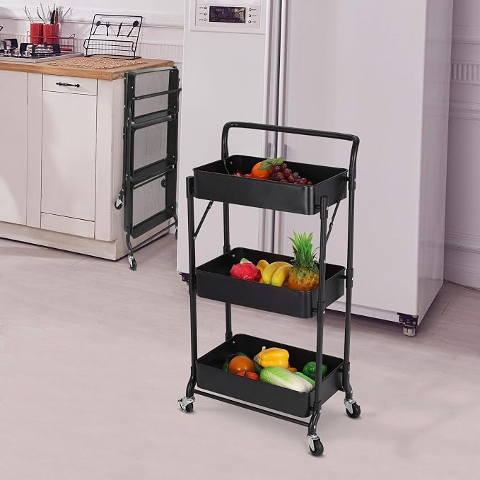 Foldable 3 Tier Metal Utility Rolling Cart, Folding Mobile Multi-Function Storage Trolley Organizer Cart for Home Library Office(Black)