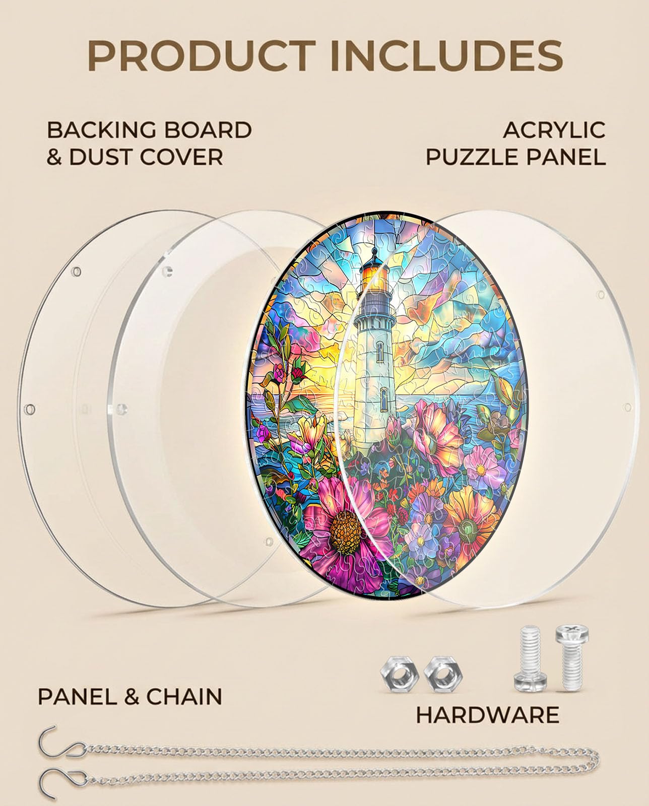Acrylic Jigsaw Puzzle Suncatcher, Ocean Lighthouse Stained Glass Style Puzzle for Adults, DIY Sun Catchers Indoor Window, Home Decor, Creative Gift for Mothers Day, Birthday, Mom, Grandma-S