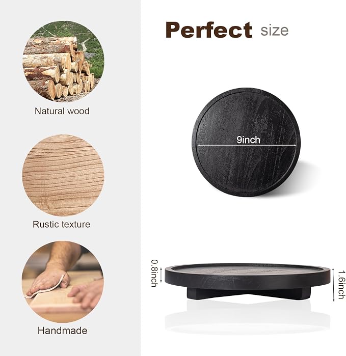 Round Decorative Tray Wood Bathroom Counter Organizer Farmhouse Kitchen Decor Wooden Riser for Soap Dish, Perfume, Candle, Sponge, 9" - Black