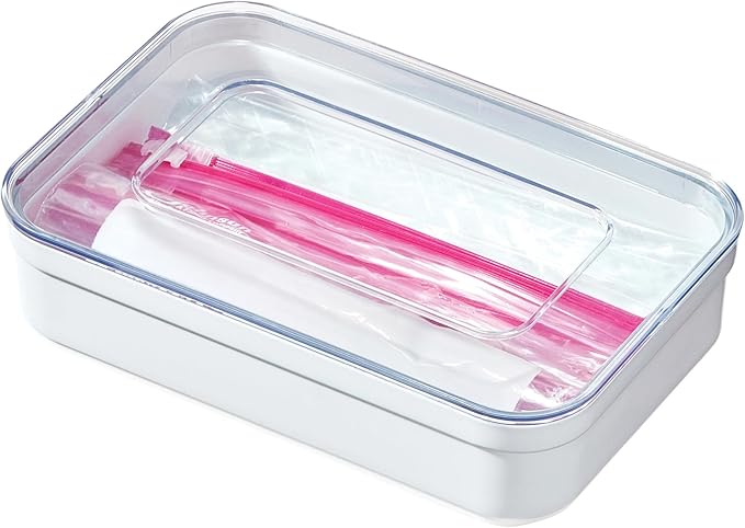 iDesign Sandwich Bag Organizer - Plastic Food Storage Bag Holder for Kitchen Drawer, Clear/White