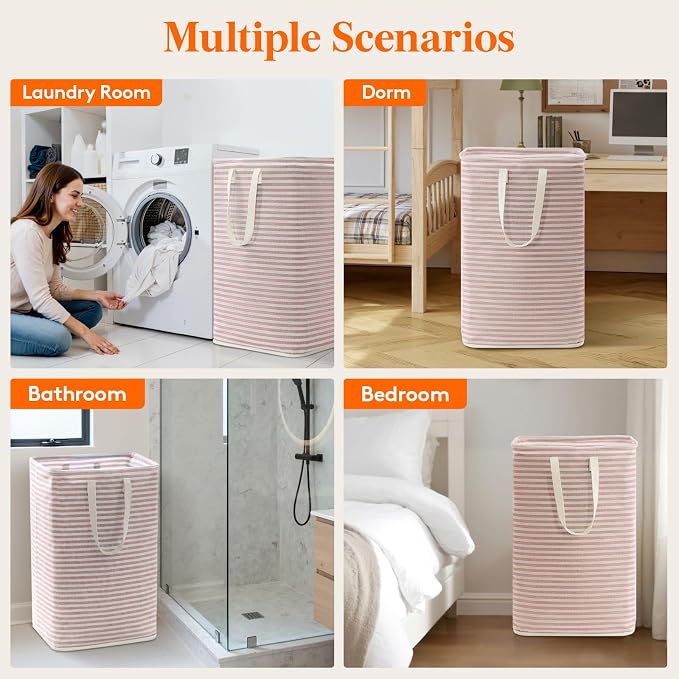 Lifewit 75L Large Collapsible Laundry Hamper, Tall Foldable Dirty Clothes Baskets Waterproof, Freestanding Design with Easy Carry Handles in Dorm Bedroom Bathroom College, Pink