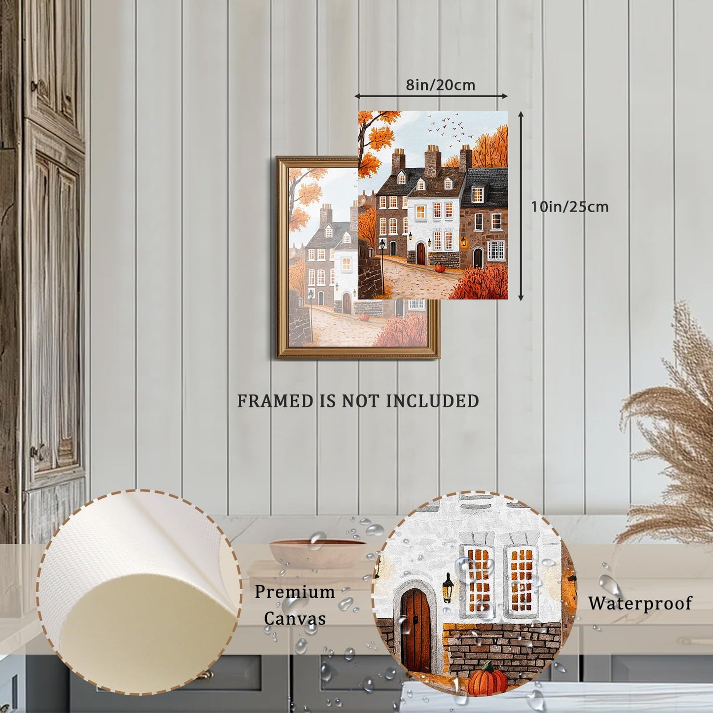 XOCUUI Autumn Cozy Village Landscape Scene 8x10 Unframed Canvas Print, Rustic Fall Street Scene Wall Art With Warm Colors, Thanksgiving House Office Entryway Seasonal Decor