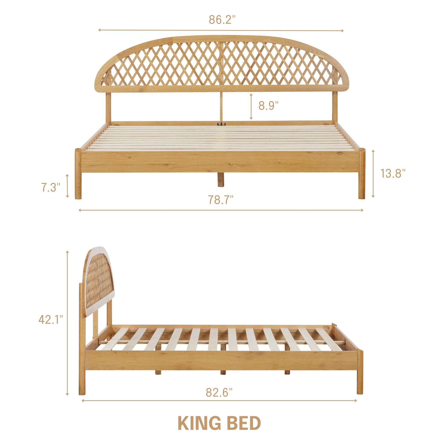 NTC Gem Wooden Bed Frame with Headboard, Solid Oak Foundation with Silent Slats and Wood Central Supports, 1000 Lb Capacity, Effortless Assembly, King - Rustic Oak