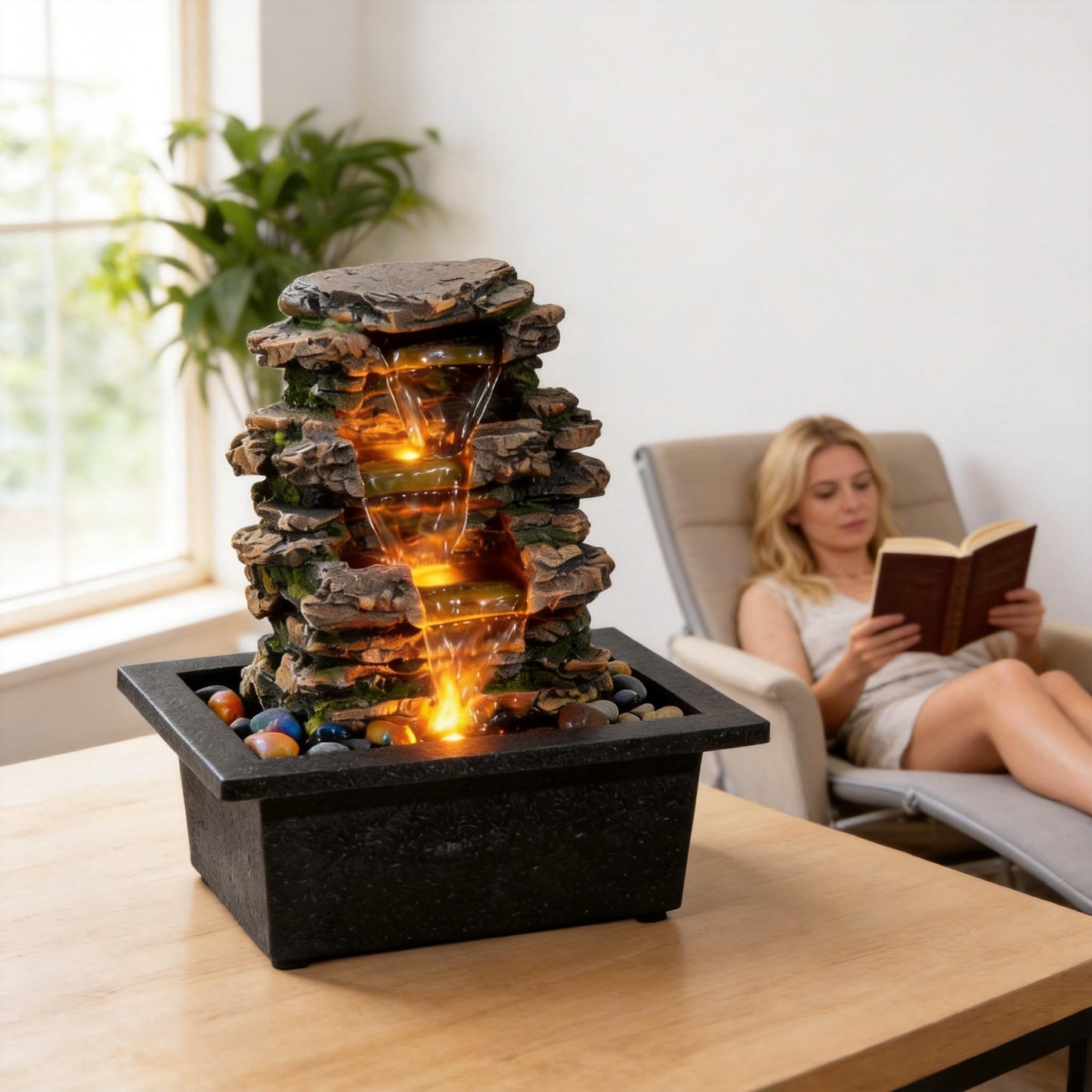 MAOCHI Tabletop Water Fountain, Home Décor Soothing Sound Machine with Automatic Pump, Deep Basin and Natural River Rocks. Indoor Zen Relaxation for Office, Living Room, or Bedroom Décor.