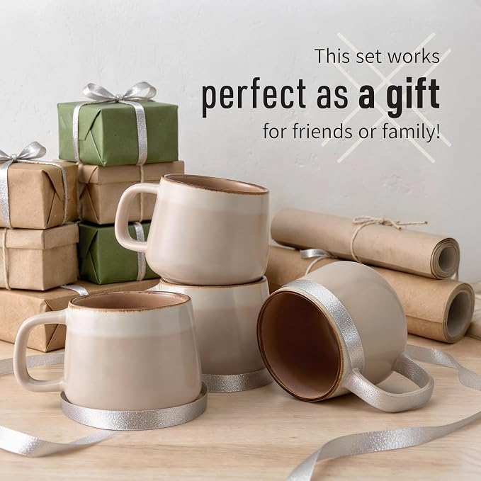 Ava Nord Large Ceramic Coffee Mugs Set of 4 | 16 oz Stoneware Coffee Cups | Lead-Free, Non-Toxic | Microwave and Dishwasher Safe | Comfortable Handle | Nordic Design for Tea, Cocoa, Latte | Rose Sand