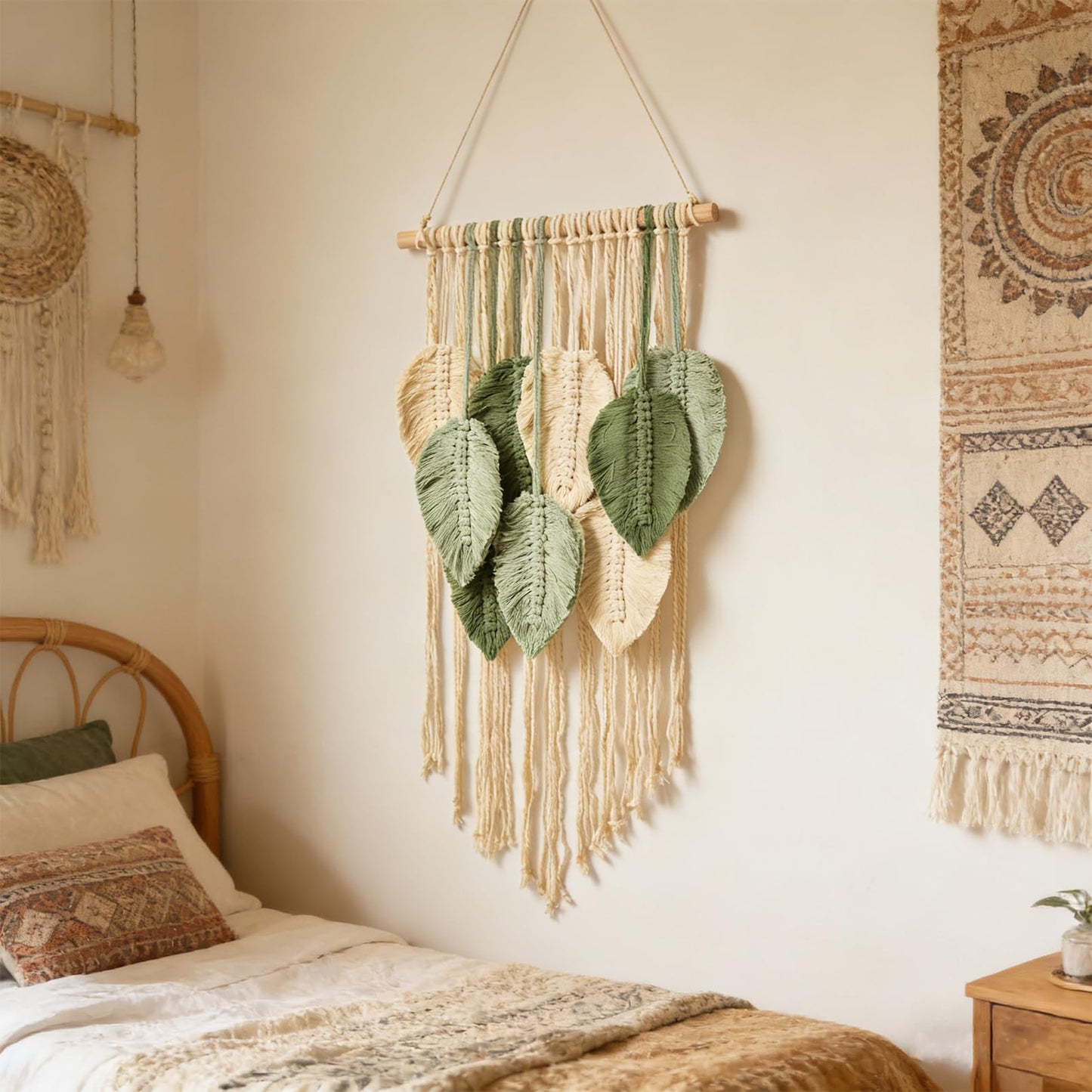 Macrame Wall Hanging Boho Wall Tapestry Handmade Woven Leaf Wall Decor Crochet Wall Art for Home Office Apartment (Green, 15.8" W X 31.5" L)